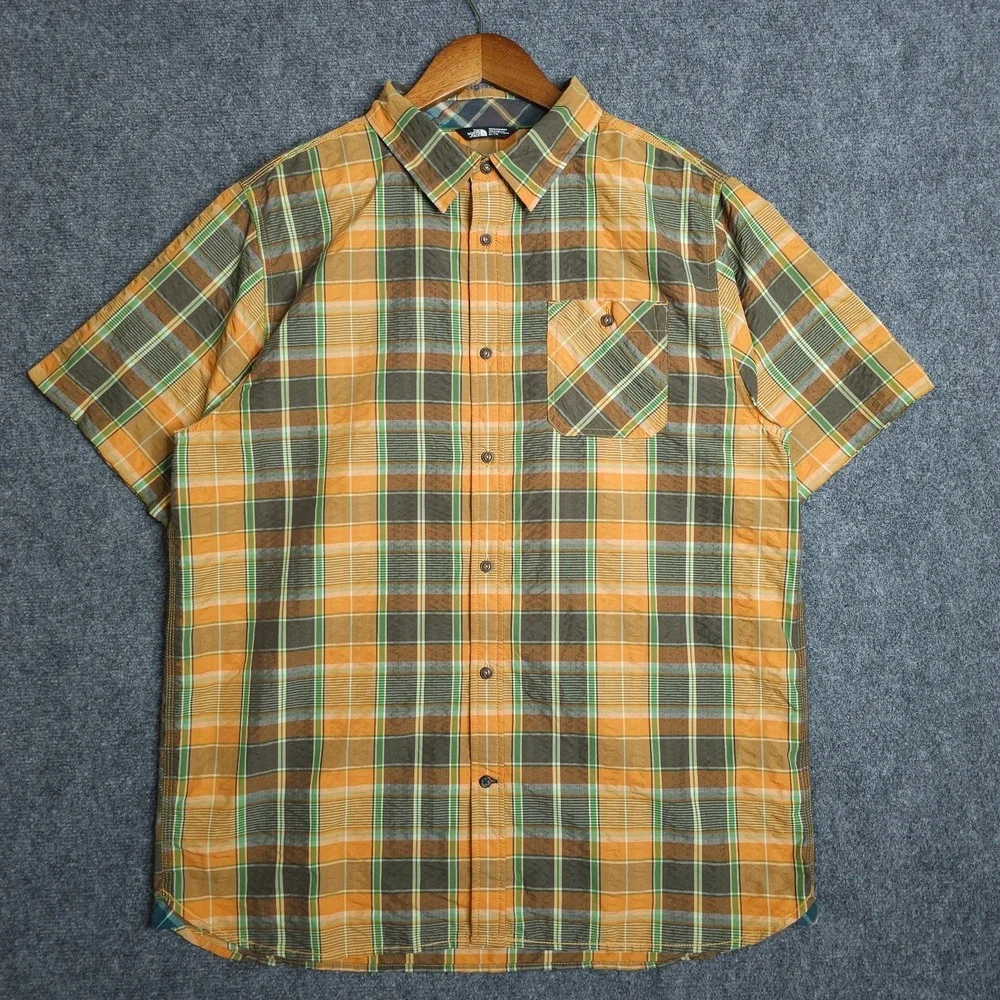 The North Face Plaid Button Up Shirt Mens XL Short Sleeve Orange Green Hiking